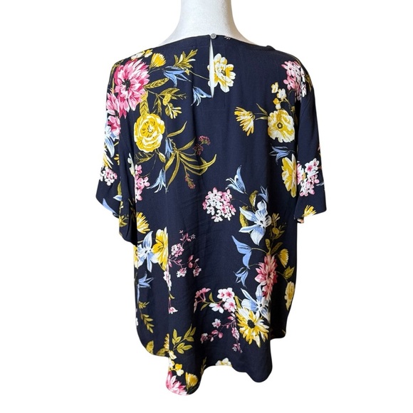 LOFT Navy Floral Blouse Large Ruffle Short Sleeve Cottagecore Bloomcore Flower - Picture 4 of 9